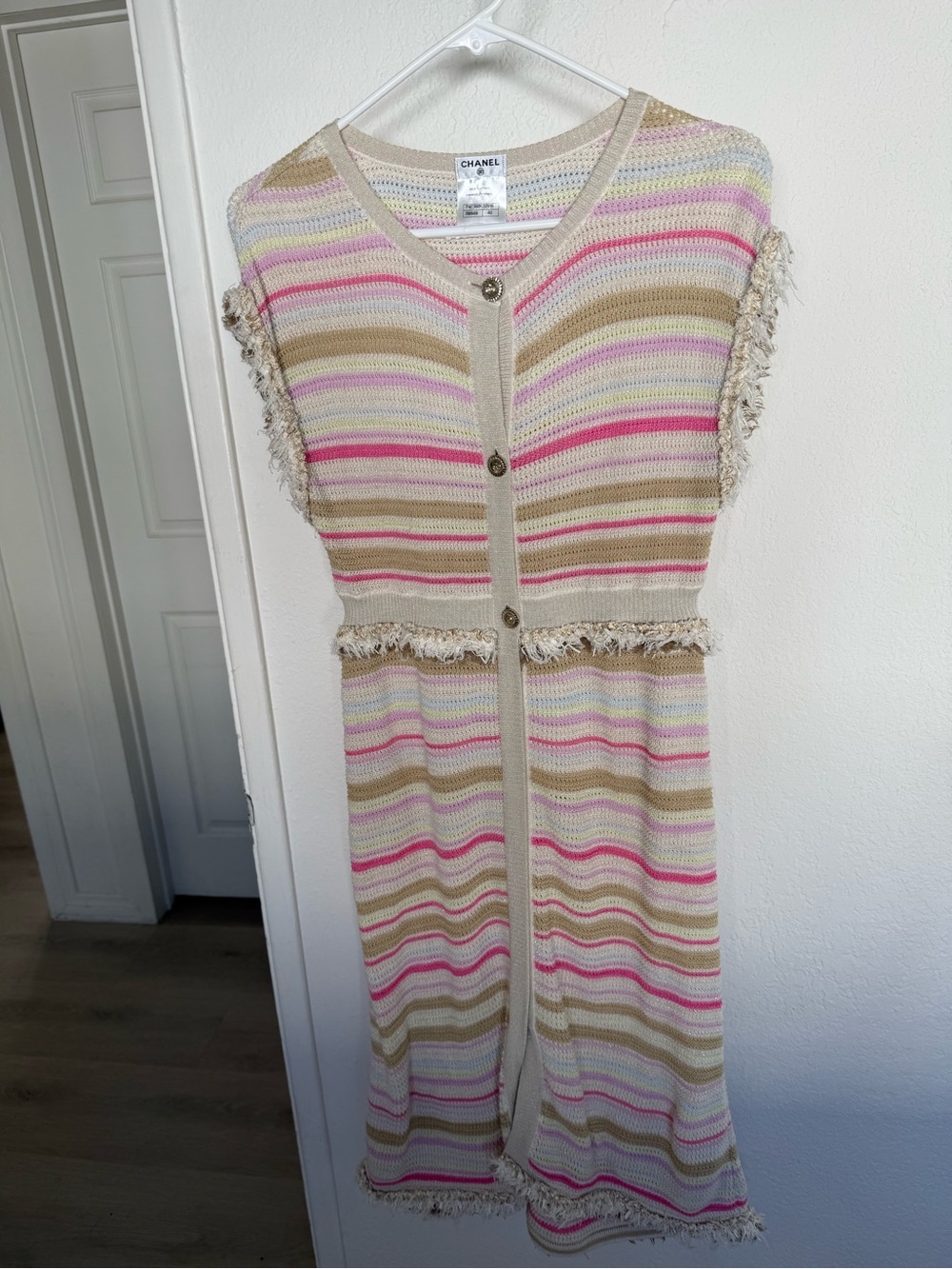 Chanel cotton blend Striped Knit Dress in Beige, Pink & Metallic Gold Sz 40